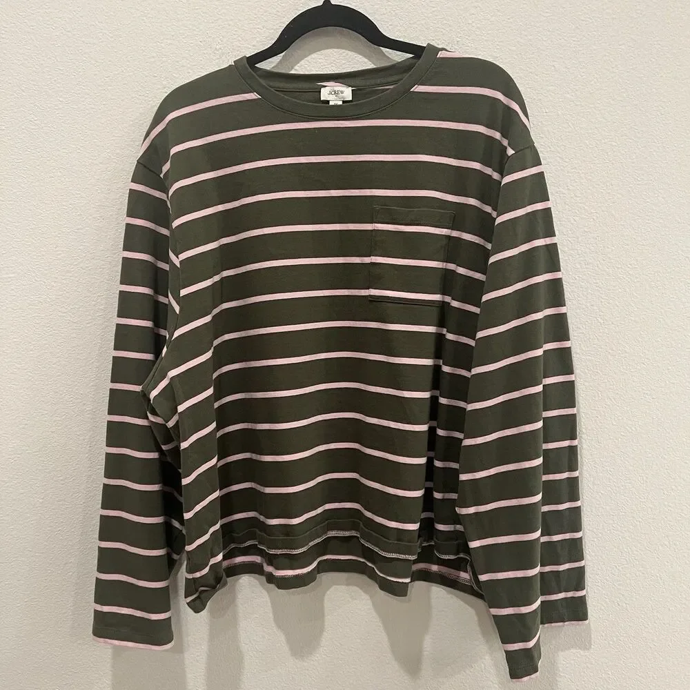 J.Crew Classic Mariner Cloth T-Shirt Womens Green Stripe Long Wide Sleeve 3X